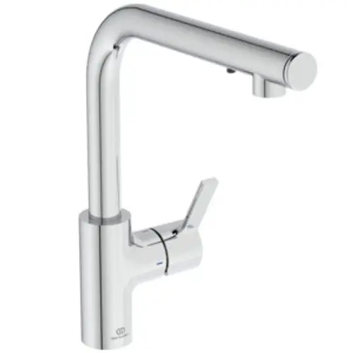 Küchenarmatur in Chrom mit einem hohen Auslauf und einem seitlichen Hebel, hergestellt von Ideal Standard.